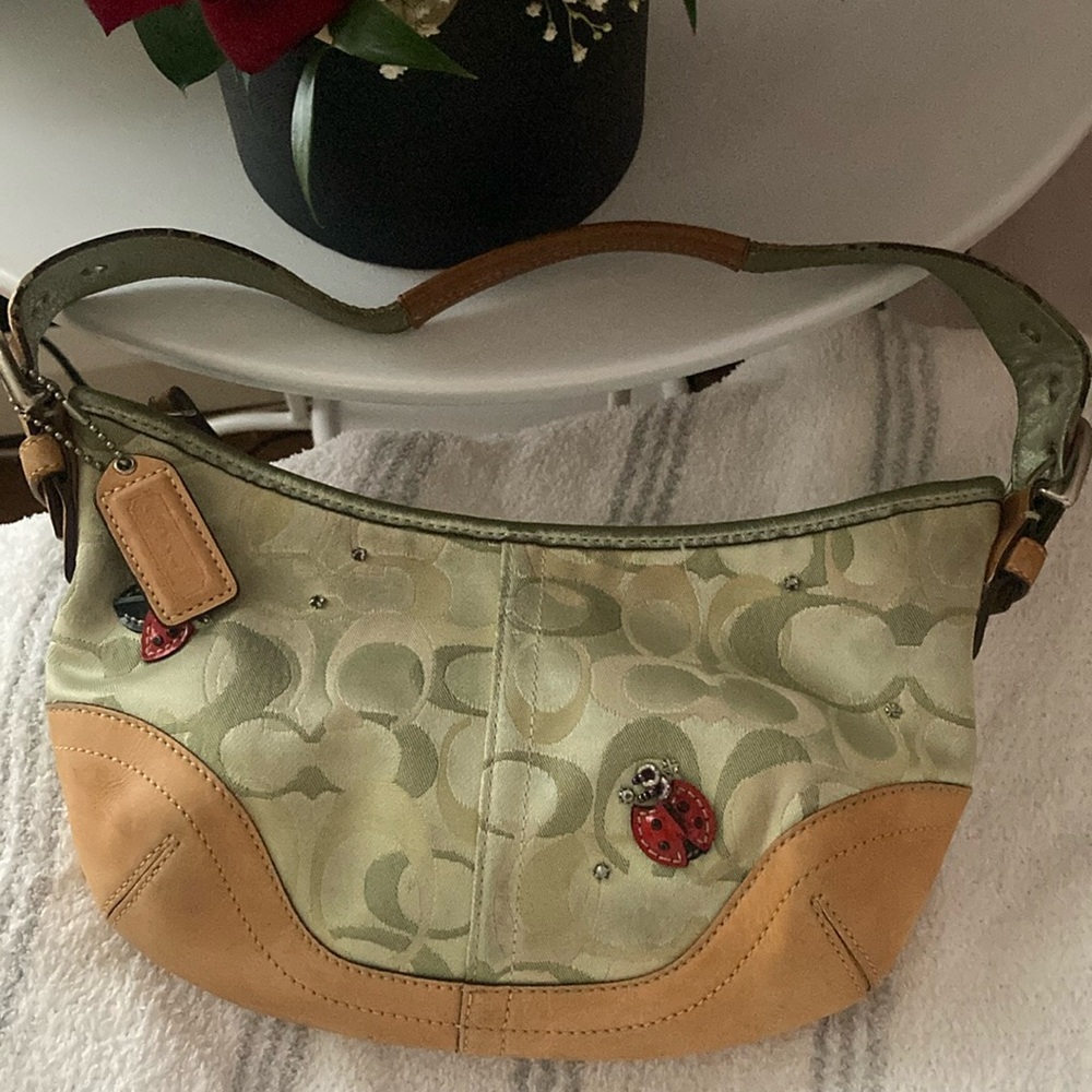 Coach Green Signature Jacquard Hobo Bag with Ladybug Accents
